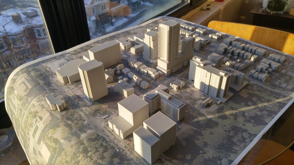 A proportional 3-D-printed model of proposed developments at Spring Garden Road and Robie Streets developed by a volunteer citizen group.