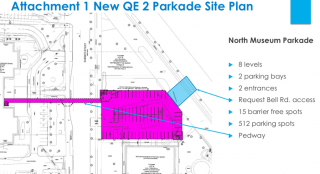 proposed site for 8-story, 512 spot parkade north of the NS Museusm of Natural History. It will connect with the infirmary by a pedway over Summer Street and its entrance will be on Bell Road.